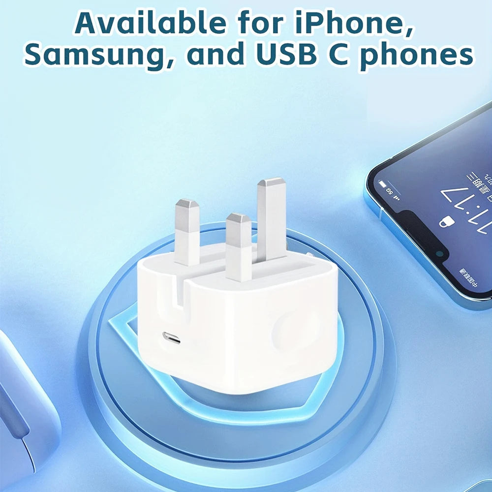 20W Foldable UK Plug Charger – Dual Type-C Cable