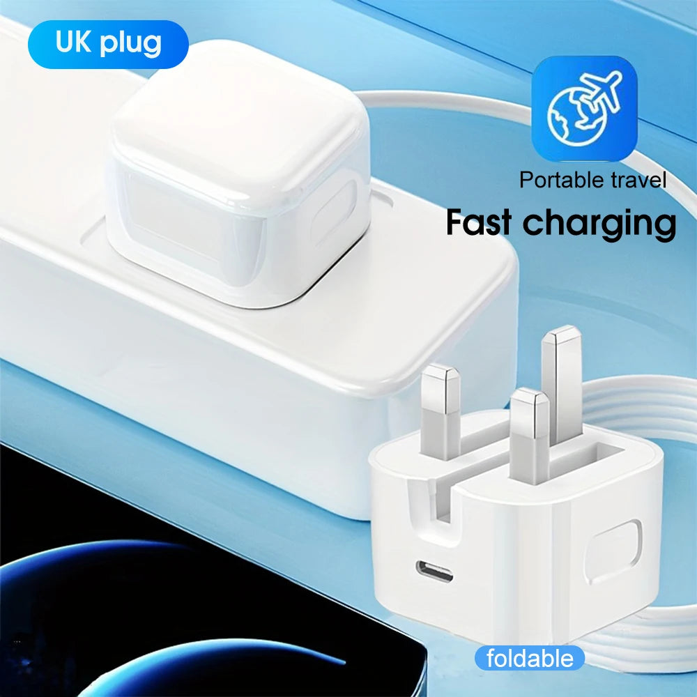 20W Foldable UK Plug Charger – Dual Type-C Cable