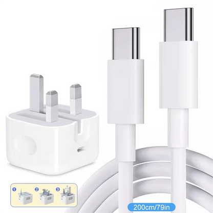 20W Foldable UK Plug Charger – Dual Type-C Cable