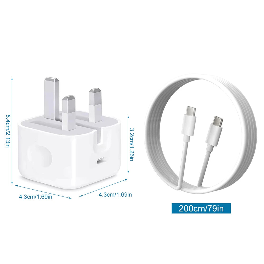 20W Foldable UK Plug Charger – Dual Type-C Cable