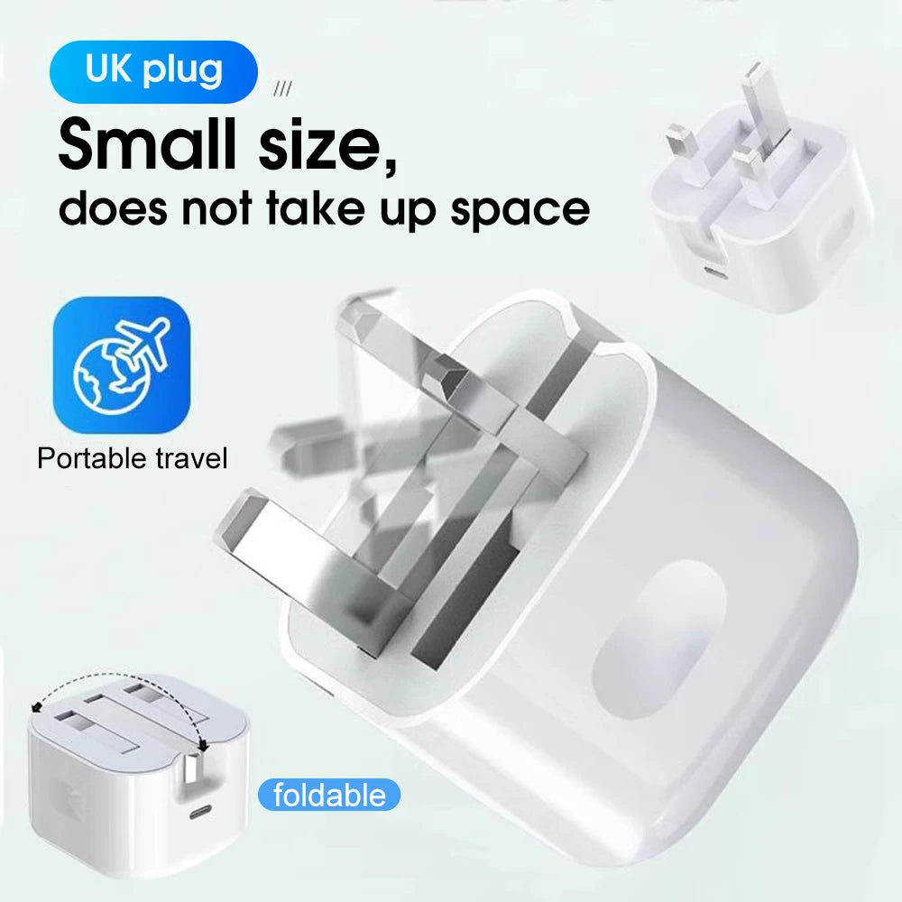 20W Foldable UK Plug Charger – Dual Type-C Cable