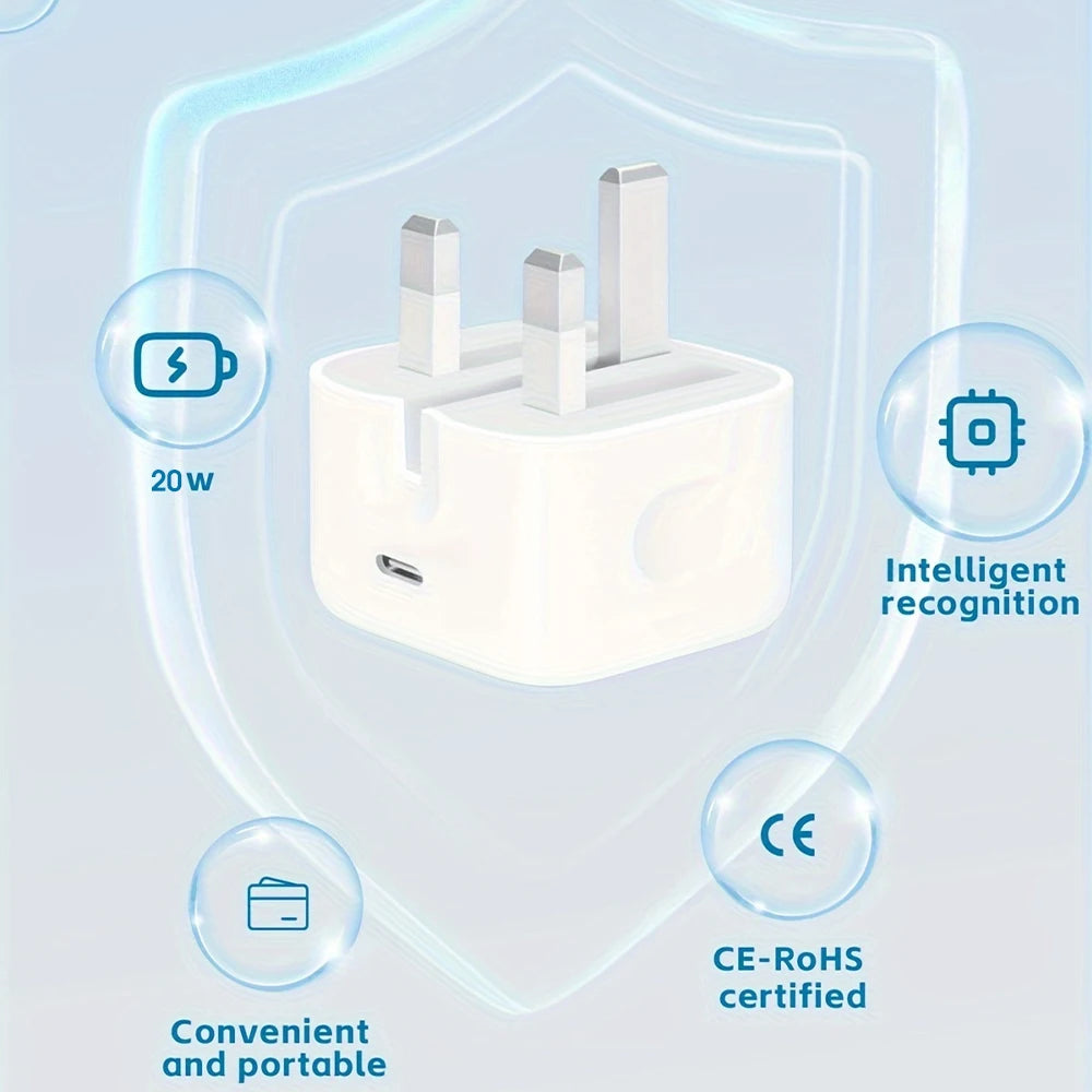 20W Foldable UK Plug Charger – Dual Type-C Cable