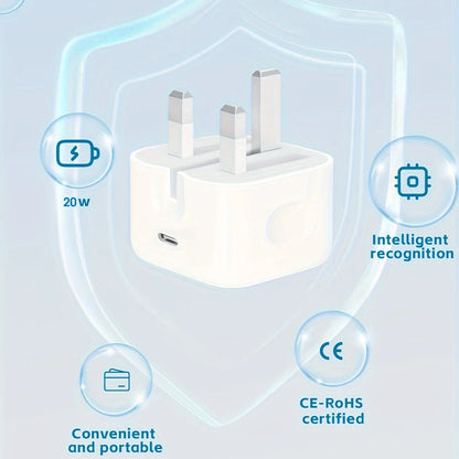 20W Foldable UK Plug Charger – Dual Type-C Cable