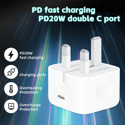 20W Foldable UK Plug Charger – Dual Type-C Cable
