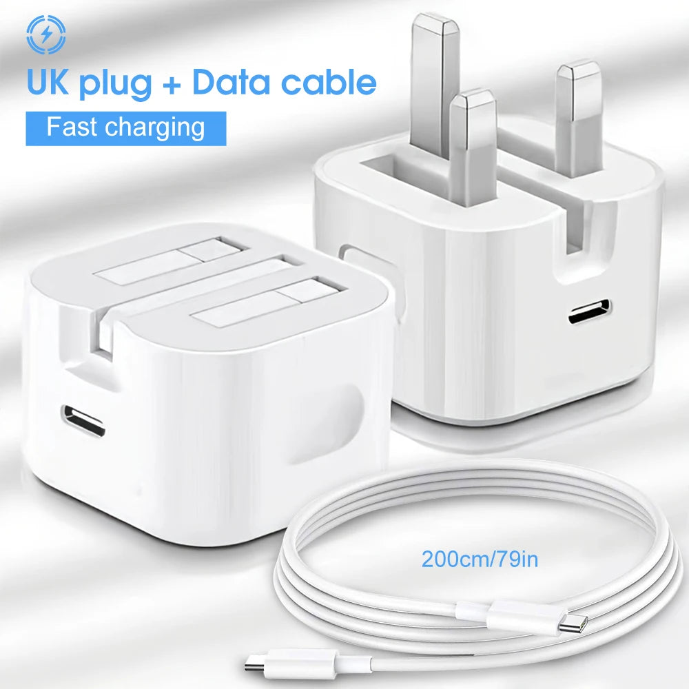 20W Foldable UK Plug Charger – Dual Type-C Cable