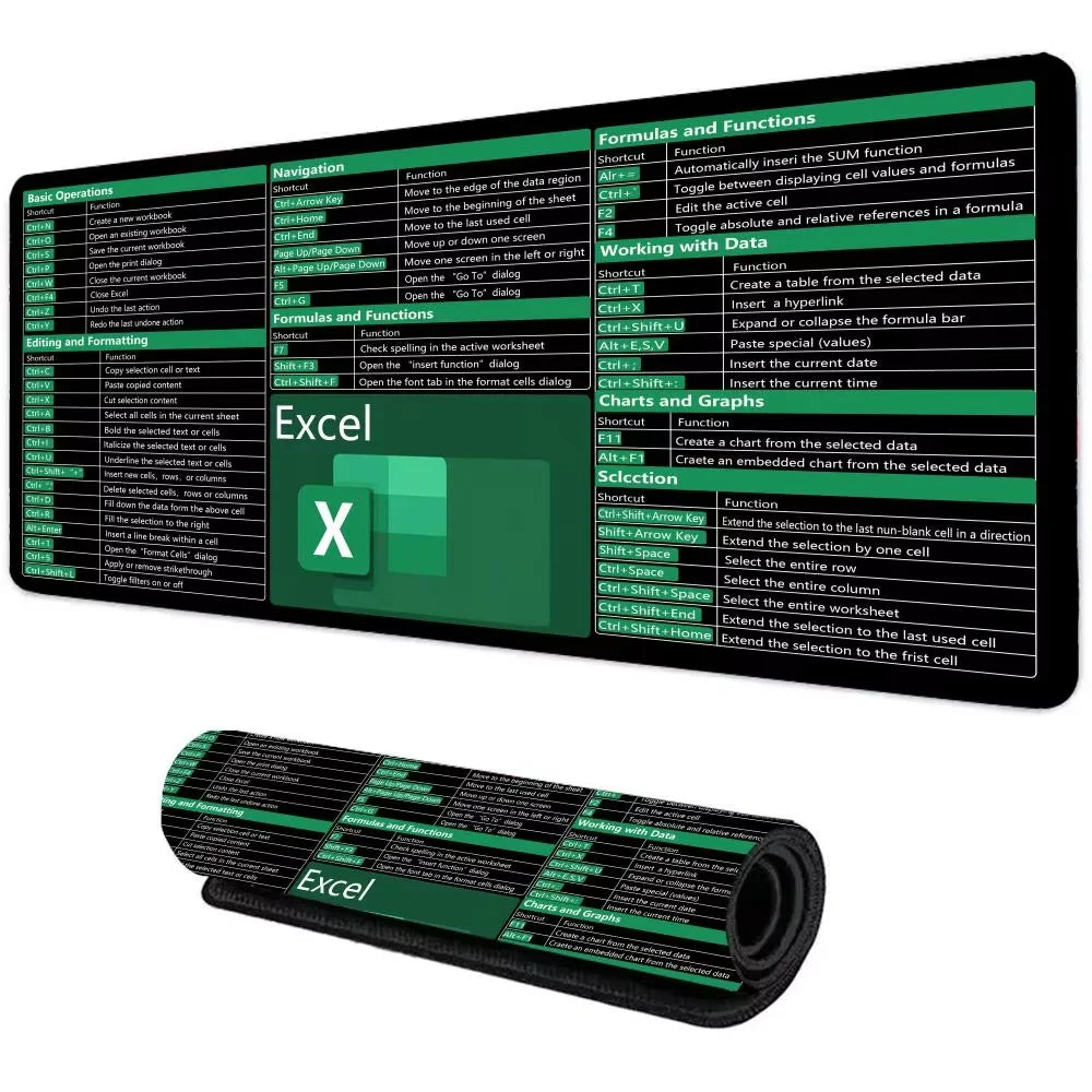 Excel Shortcut Mouse Pad – Large Non-Slip Keyboard Desk Mat with Sewn Edges