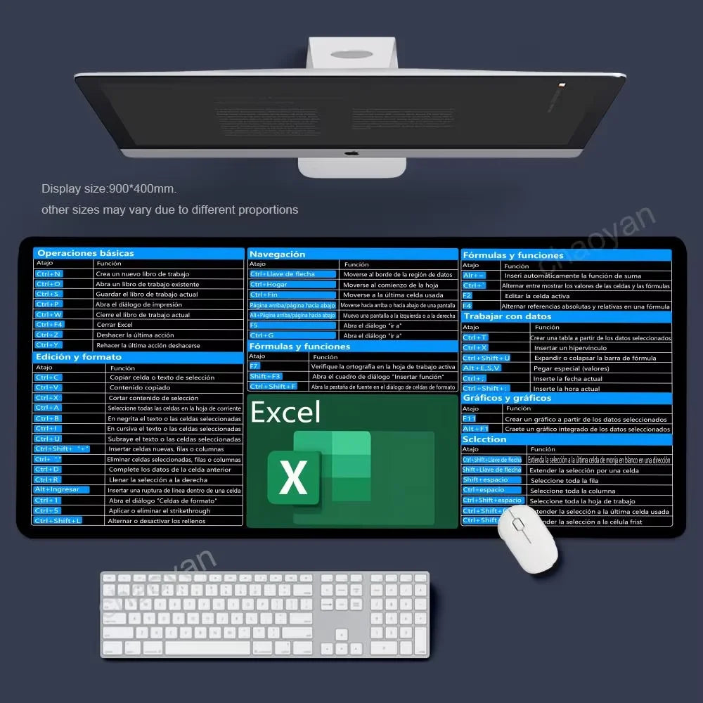 Excel Shortcut Mouse Pad – Large Non-Slip Keyboard Desk Mat with Sewn Edges