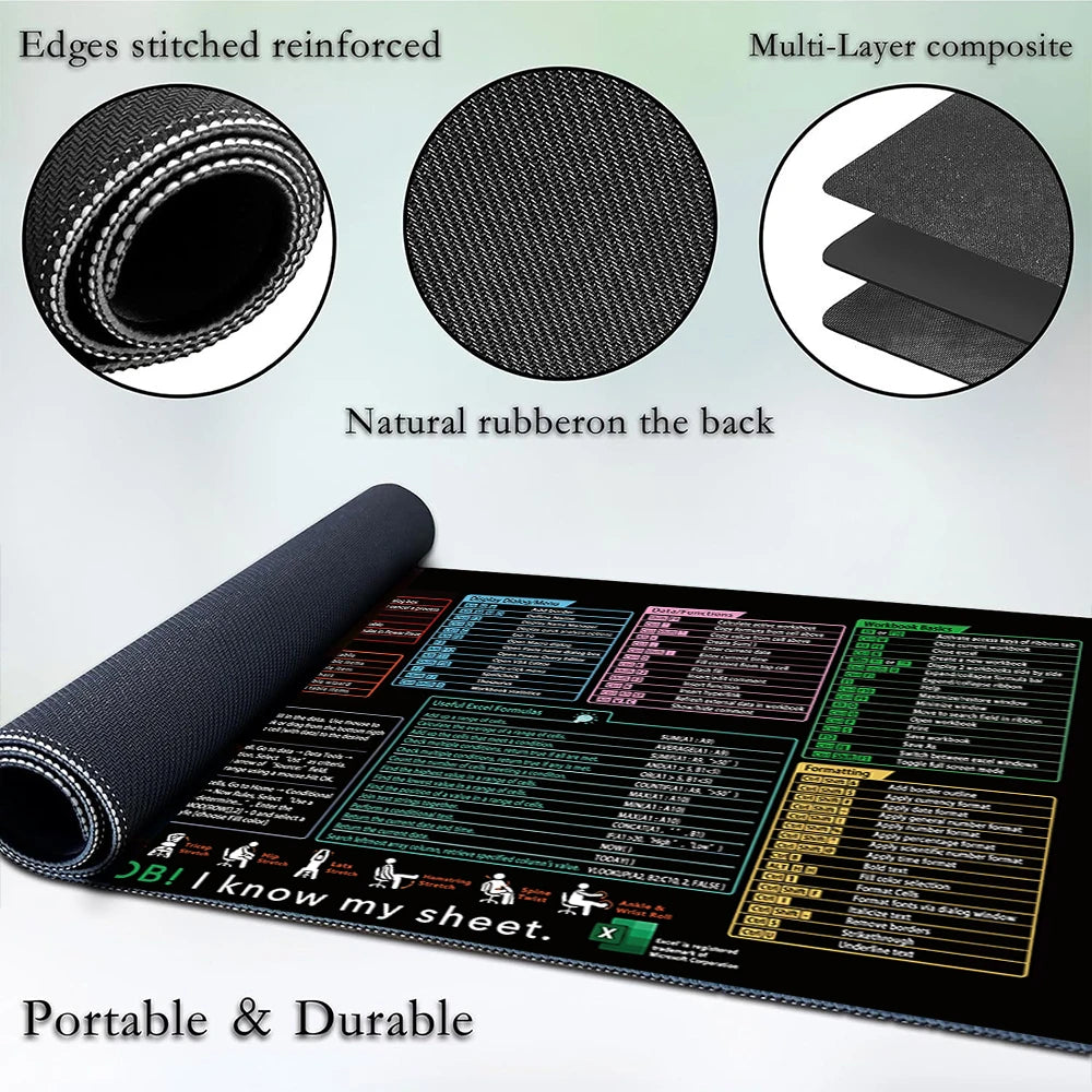 Excel Shortcut Mouse Pad – Large Non-Slip Keyboard Desk Mat with Sewn Edges
