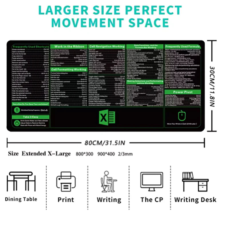 Excel Shortcut Mouse Pad – Large Non-Slip Keyboard Desk Mat with Sewn Edges