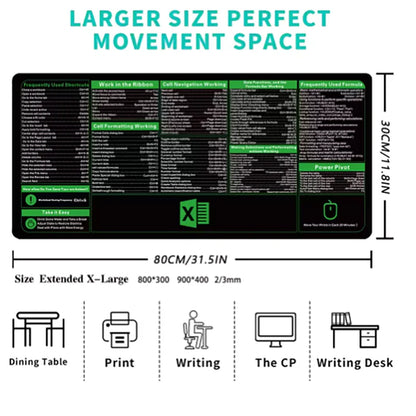 Excel Shortcut Mouse Pad – Large Non-Slip Keyboard Desk Mat with Sewn Edges