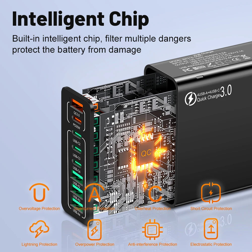 8 in 1 Waterproof Ports USB Fast Charger