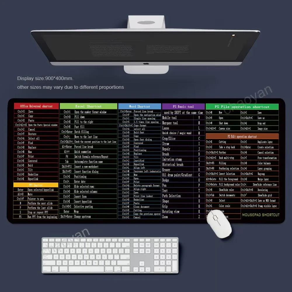 Excel Shortcut Mouse Pad – Large Non-Slip Keyboard Desk Mat with Sewn Edges