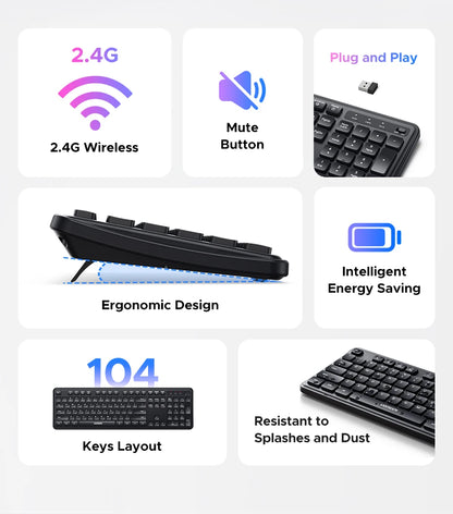 UGREEN 2.4G Wireless Keyboard – 104 Keys, Ultra-Slim, US Layout