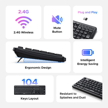 UGREEN 2.4G Wireless Keyboard – 104 Keys, Ultra-Slim, US Layout