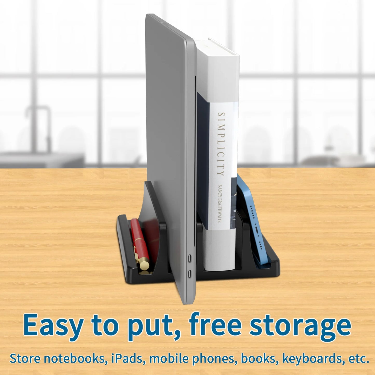 Vertical Laptop Stand – 3-Slot Desk Holder & Docking Station for MacBook, Tablet & Phone