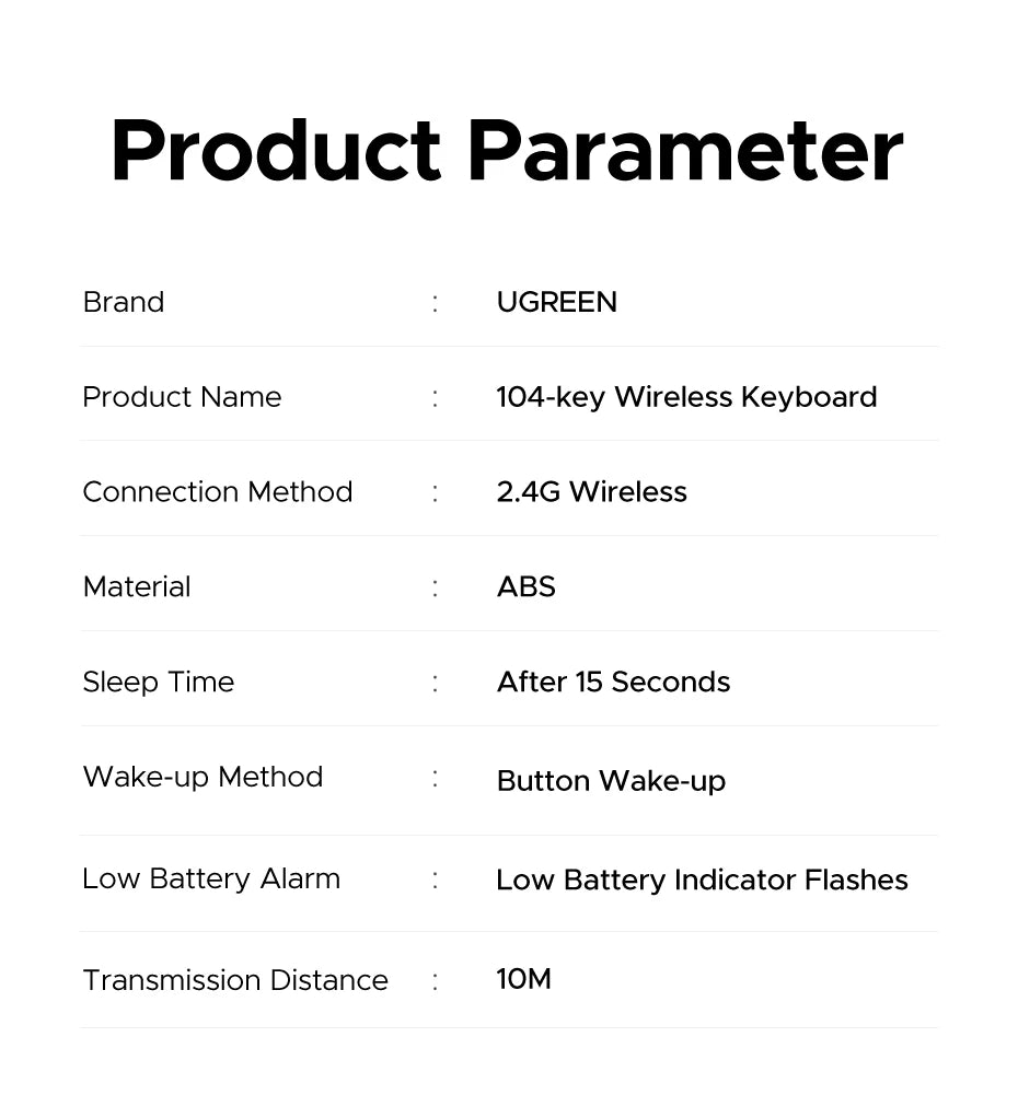 UGREEN 2.4G Wireless Keyboard – 104 Keys, Ultra-Slim, US Layout