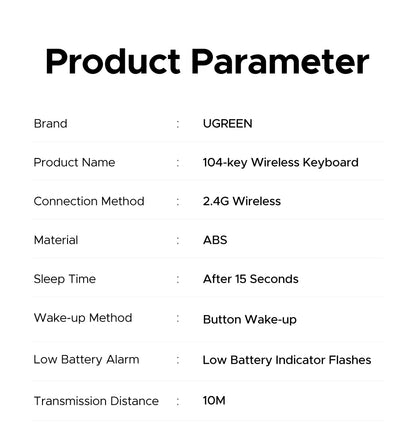 UGREEN 2.4G Wireless Keyboard – 104 Keys, Ultra-Slim, US Layout